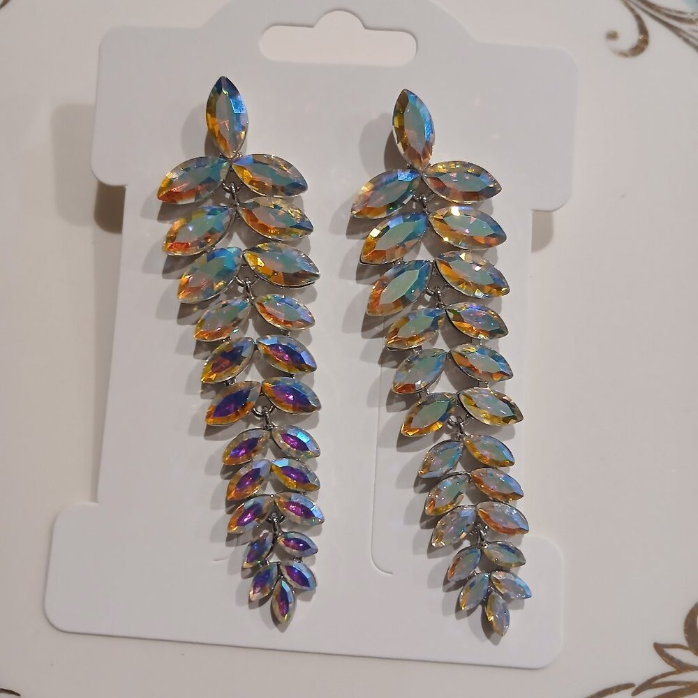Extra Long Rhinestone Iridescent Leaf Drop Dangle Earrings